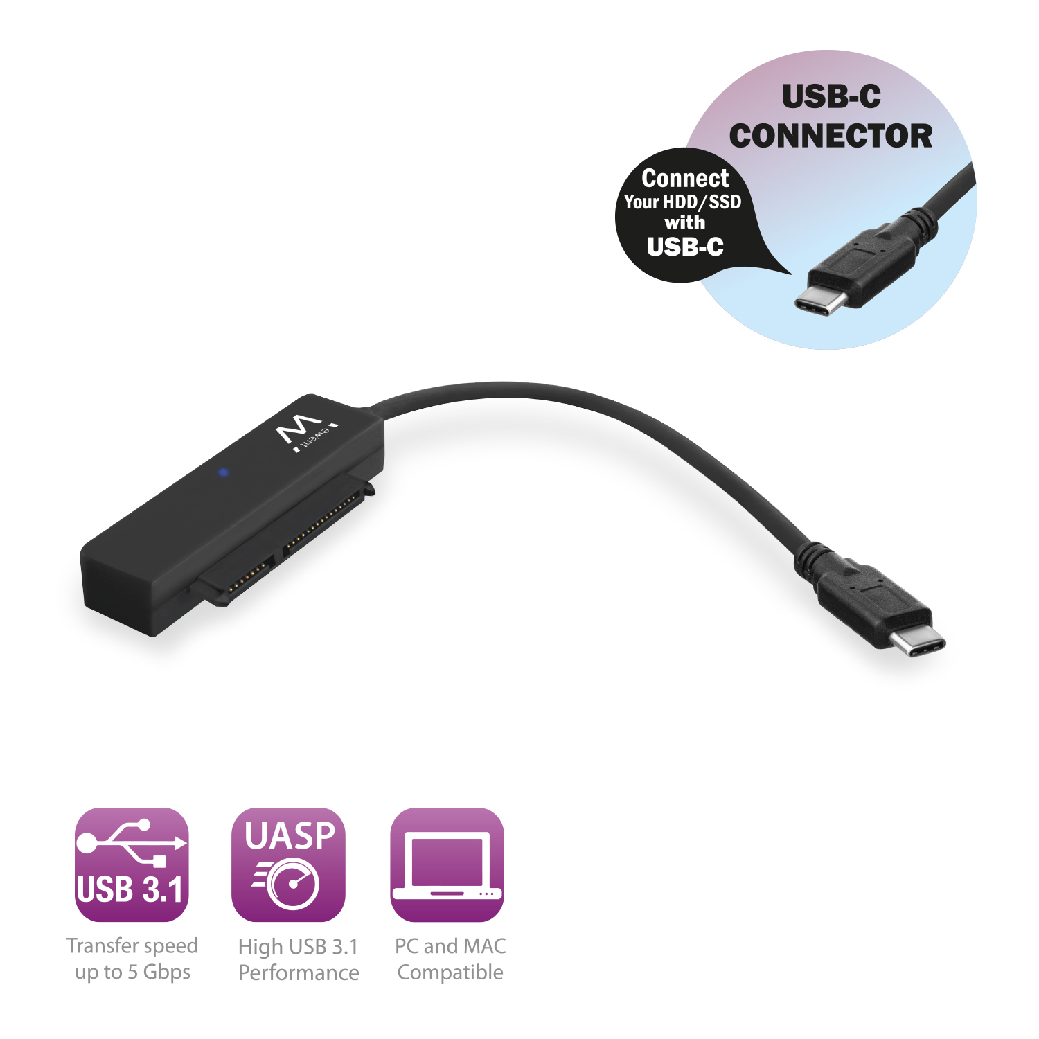 EW7075 | SATA-Adapterkabel für SSD/Festplatte, USB-C 3.1 (Gen 1) 2,5 | Ewent | distributori informatica