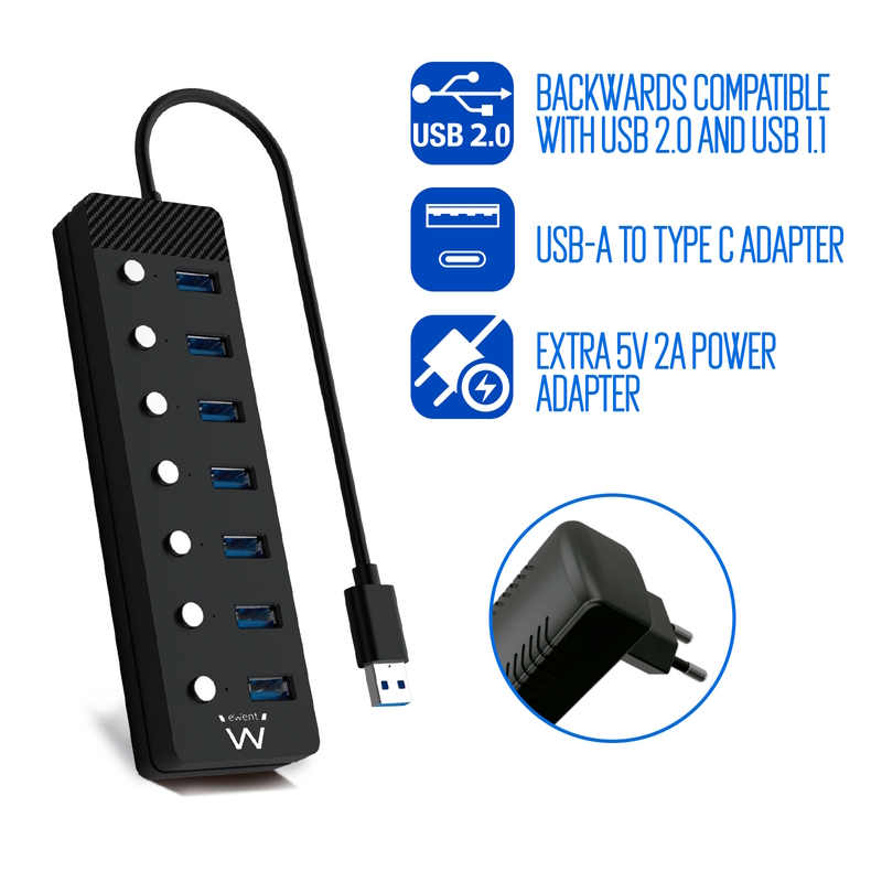 EW1147 | 7 Port powered USB 3.0 Hub with switches | Ewent | distributori informatica