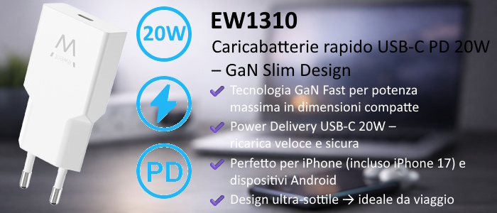 EW1310 - Caricabatterie rapido GaN Fast USB-C PD da 20W Slim Design