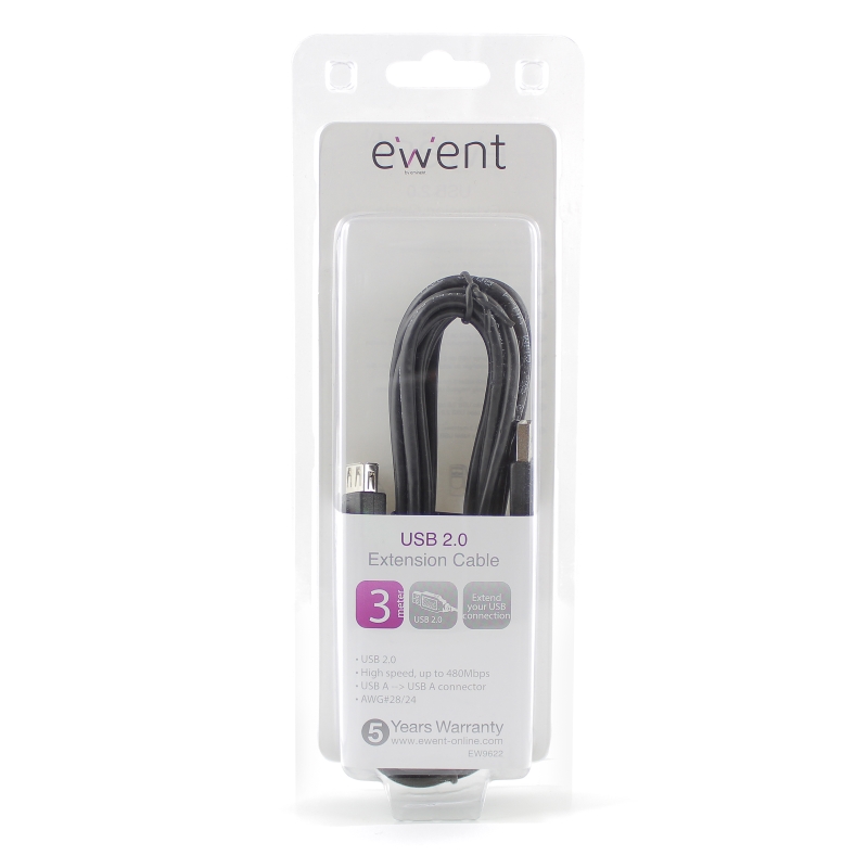 EW9622 | cavo prolunga USB 2.0 A/A M/F 3.0mt nero, blister | Ewent | distributori informatica