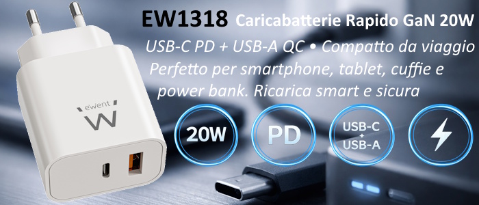 EW1318 - Caricabatterie rapido GaN Fast USB-C PD e USB-A QC da 20W compatto